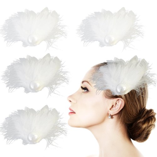 Generic 4 PCS Ostrich Hair Clips White Plume Hair Clip Ballet Style Swan White Hair Pins for Women Girls Dance Performance Bride Halloween Cosplay Party Hair Decoration