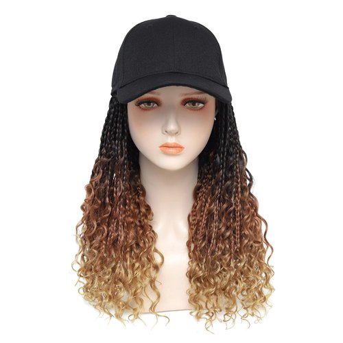 GUOJIAN Goddess Box Braids Hair Baseball Cap Wig Bohemian Curly Ends Box Braids Hat with Braided Hair Extensions for Black White Women Synthetic Braids Hat Wig with Hair Attached (16inch, T1B/30/27)