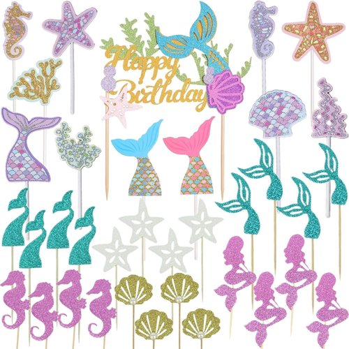 Wootkey 36 pcs Glitter Mermaid Cupcake Toppers Mermaid Cake Topper Under the Sea Beach Mermaid Tail Cake Decoration Birthday Party Supplies for Baby Shower Children's Day