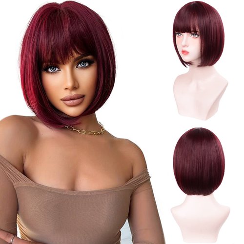 Aida ble Bob Wigs with Bangs Burgundy Wig for Women Wine Red Wig Short Straight Wig Heat Resistant Fiber Synthetic Wig Halloween Cosplay 99J Colorful Wigs Party Wig…