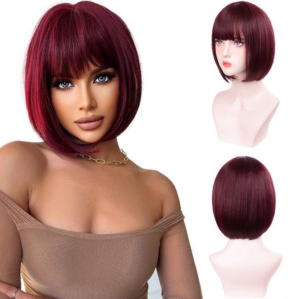 Aida ble Bob Wigs with Bangs Burgundy Wig for Women Wine Red Wig Short Straight Wig Heat Resistant Fiber Synthetic Wig Halloween Cosplay 99J Colorful Wigs Party Wig…
