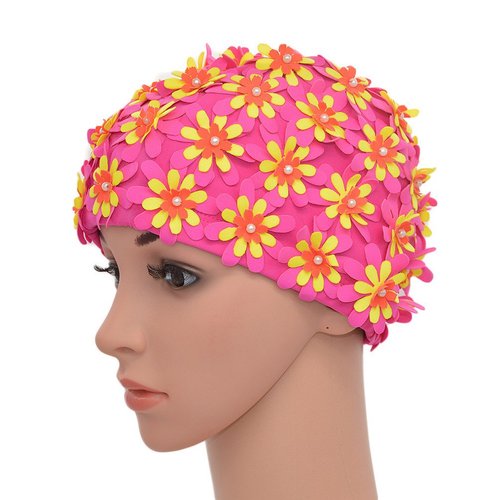 Medifier Swim Cap Floral Petal Retro Style Bathing Caps for Women Rose Pink