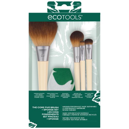 EcoTools Core Five Makeup Brush and Sponge Kit, For Eyeshadow, Blush, Bronzer, Eyeliner, & Foundation, Makeup Blending Sponge For Liquid & Cream Products, Essential Eco Friendly Brushes, 5 Piece Set