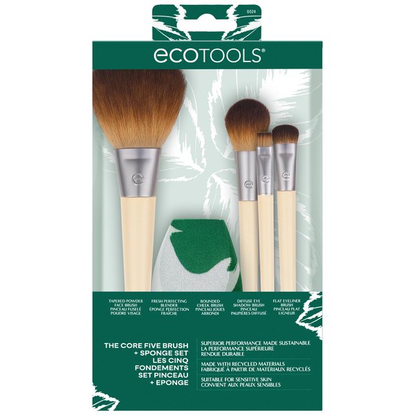 EcoTools Core Five Makeup Brush and Sponge Kit, For Eyeshadow, Blush, Bronzer, Eyeliner, & Foundation, Makeup Blending Sponge For Liquid & Cream Products, Essential Eco Friendly Brushes, 5 Piece Set