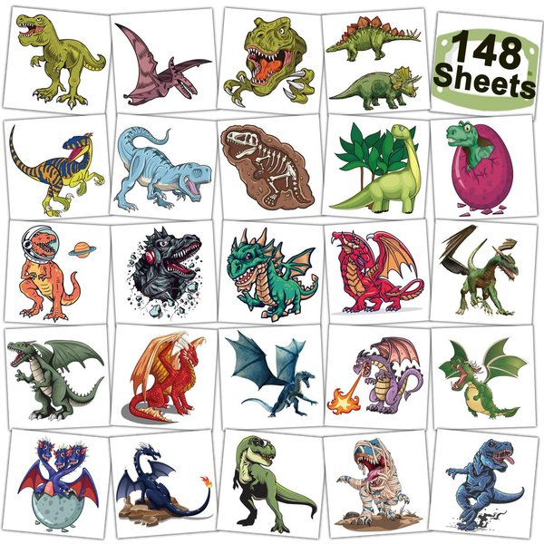 CHARLENT 148 PCS Dinosaur and Dragon Temporary Tattoos for Kids - Dragon Individually Tattoos for Boys Girls Dinosaur Birthday Party Favors Goodie Bag Fillers