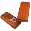 AMANCY Premium 3- Finger Brown Leather Cigar Case, Cedar Wood Lined Cigar Humidor with Silver Stainless Steel Cutter