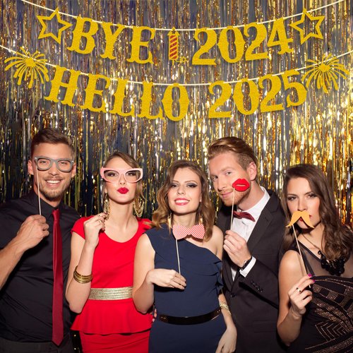 Giflloon Bye 2024 Hello 2025 Banner, No DIY Glitter Happy New Year Banner for Happy New Year Decorations 2025, New Year Eve Party Supplies 2025, Gold