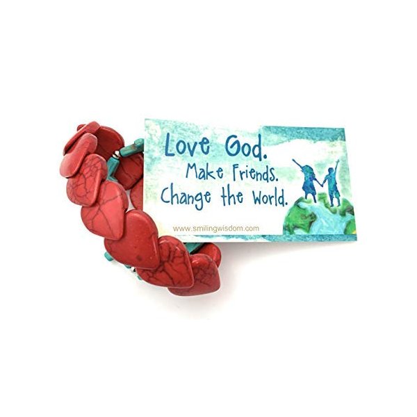 Smiling Wisdom - Love God. Make Friends. Change the World Keepsake Greeting Card and Keepsake Gift Set - Red Heart & Turquoise Magnesite Cross Stretch - Woman - Red Blue