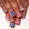 BMKKOT Patriotic Press on Nails Short Fake Nails Independence Day Stars Artificial Glue on Nails Red White Stripes Square False Nails Glitter Fireworks Acrylic Nails for Women 4th of July Manicure