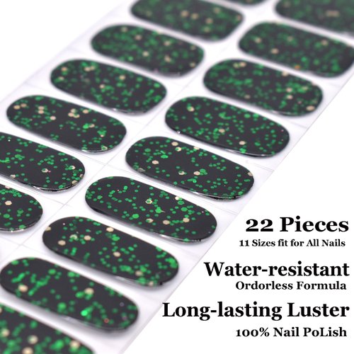 LIFOOST Semi Cured Gel Nail Stickers Black Green Sparkly Sequins Adhesive Nail Polish Strips for Women Manicure