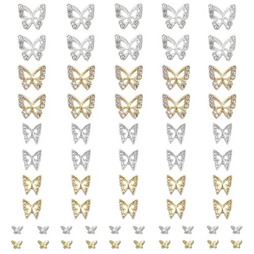 Butterfly Nail Charms, 60pcs 3D Golden Silver Butterfly Charms for Acrylic Nails, 20 Butterflies Nail Rhinestones Gems Charms +40 Alloy Studs, Nail Art Crystals Diamonds Decor Supplies for Nails DIY