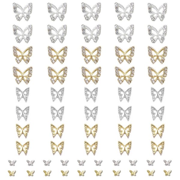 Butterfly Nail Charms, 60pcs 3D Golden Silver Butterfly Charms for Acrylic Nails, 20 Butterflies Nail Rhinestones Gems Charms +40 Alloy Studs, Nail Art Crystals Diamonds Decor Supplies for Nails DIY