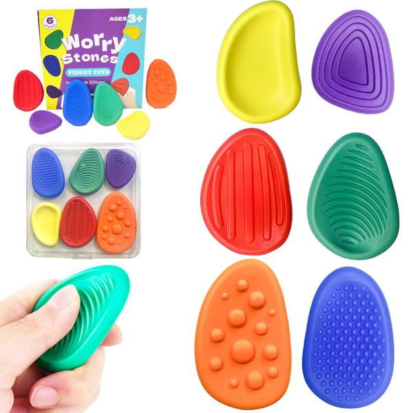 Fidget Toys Sensory Stone Set with Storage Box: 6-Pack Soft Textured Worry Stones for Autism Calming - Quiet Fidget Toys for Classroom & Anxiety Relief - Small Prizes Sensory Fidgets