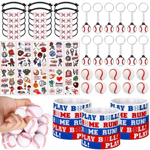 Aoriher Baseball Sport Party Favors for Kids, 15 Sets Sport Goodie Silicone Sport Bracelets Mini Stress Ball Keychain Temporary Tattoo Sticker Eraser for Sport Birthday Party Supplies Total 85 Pcs