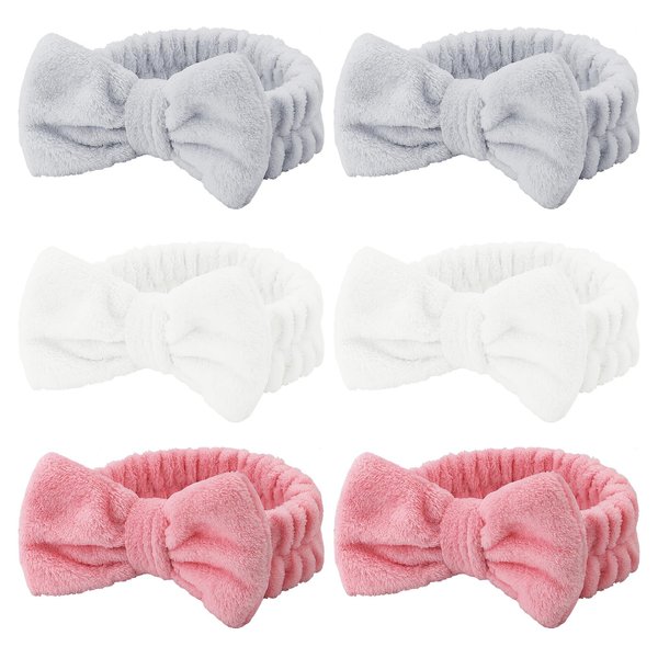 Casoty 6 Pcs Make Up Headbands, Bow Hair Band, Soft Coral Fleece Facial Headband, Spa Headband for Washing Face, Towel Headband for Face Washing Shower Skin Care Yoga
