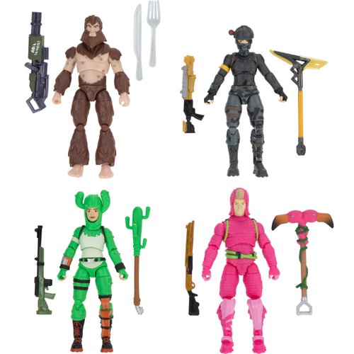 Fortnite Alchemist Squad Mode, 4 Figure Pack - 4 Inch King Flamingo, Prickly Patroller, Bigfoot, Elite Agent Collectible Action Figures, Plus 5 Harvesting Tools, 4 Weapons, 4 Building Materials