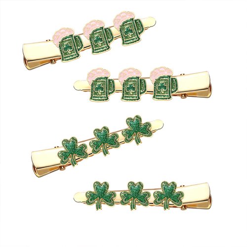 4Pcs St.Patricks Hair Clips Green Luck Clover Hairclips Glitter Green Clover Leaf Hairpins for Women Irish Holiday Hairpins