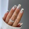 24Pcs Medium Fake Nails Square Press on Nails Flower False Nails White Acrylic Nails with Blue Gold Leaf Design Matte Full Cover Glue on Nails Spring Nail Art for Women Girl