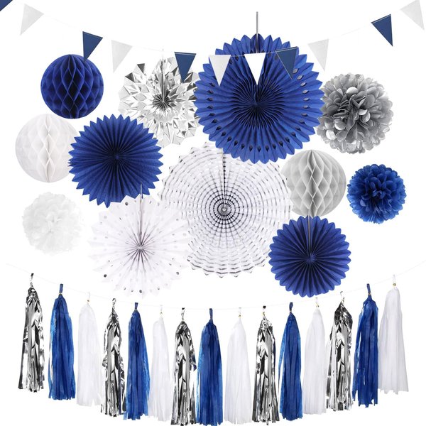 Navy Blue White Silver Party Decorations,28pcs Kit Graduation 2025 Tissue Paper Pom Poms Streamers,Tassel Garland Banner Flowers,Men Birthday Bachelorette Baby Shower Christmas Decor Lasting Surprise