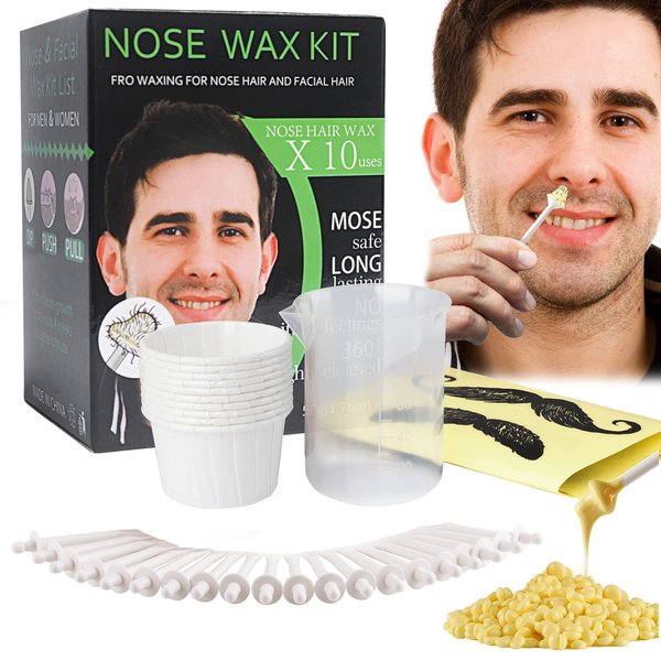 Nose and Ear Hair Waxing Kit - Hair Removal Set for Men and Women with 50g Wax Beads, 20 Applicators, 10 Paper Cups, and 10 Mustache Guards
