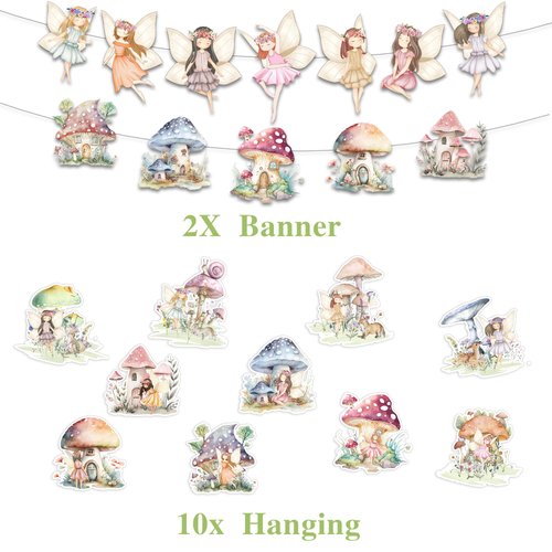 12Pcs Fairy Birthday Party Decorations Include Fairy Birthday Banner and Fairy Hanging Swirls for Floral Fairy Party Supplies Flower Fairy Baby Shower