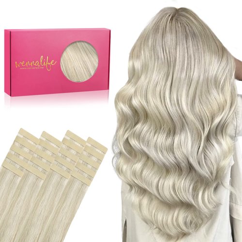 WENNALIFE Tape in Hair Extensions Human Hair, 20pcs 50g 22 inch Ash Blonde Highlighted Platinum Blonde Remy Hair Extensions Straight Human Hair Tape in Extensions Skin Weft Tape Extensions Human Hair
