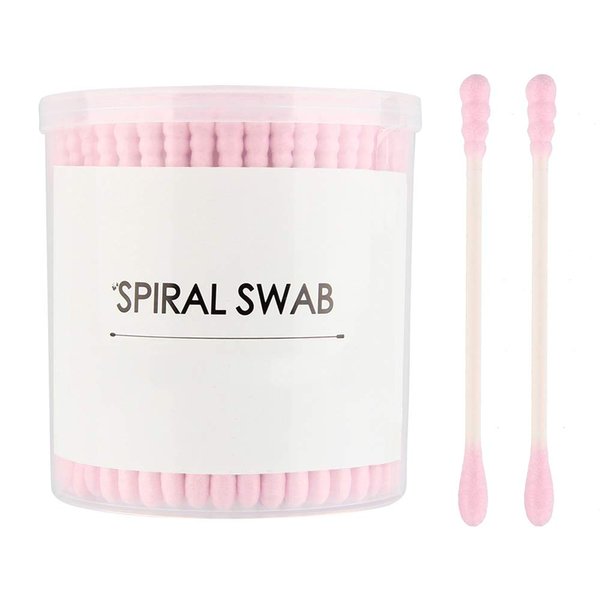 Chrontier 200 Count Round & Spiral Shaped Double Tipped Cotton Swabs Buds Paper Sticks Biodegradable Hypoallergenic Clean Care Beauty Makeup Cosmetic Tool Pink