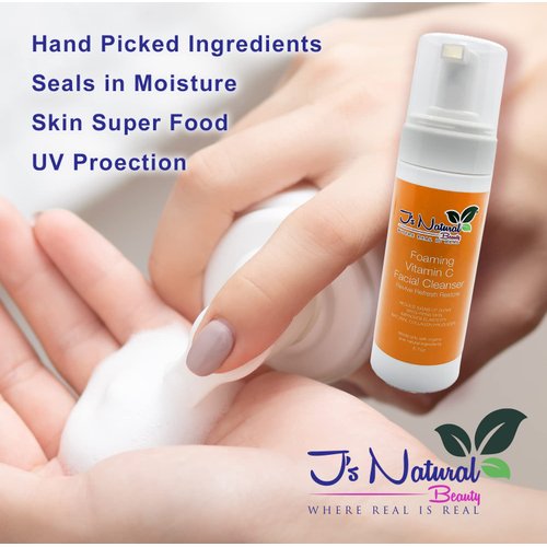 J's Natural Beauty Foaming Vitamin C Facial Cleanser with Organic Ingredients/Grapefruit, Orange and Lemon Scent and Essentials/Rosehip and Aloe Vera/