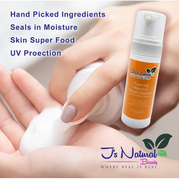 J's Natural Beauty Foaming Vitamin C Facial Cleanser with Organic Ingredients/Grapefruit, Orange and Lemon Scent and Essentials/Rosehip and Aloe Vera/