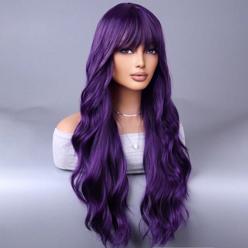 WTHCOS Dark Purple Long Curly Wavy Hair Wig for Women With Bangs Purple Wig Heat Resistant Synthetic Hair Wigs for Daily Use Cosplay Wig With Wig Cap