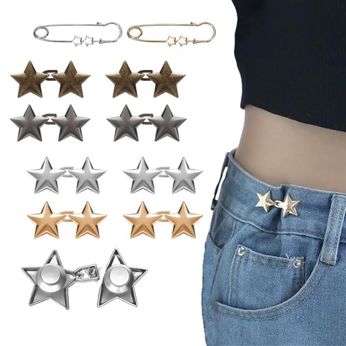 10 Sets Star Buttons Pant Waist Tightener, Adjustable Pant Clips for Waist Tightener, Instant Reusable Jean Buttons for Loose Jeans, No Sewing Required Sliver Button Pins
