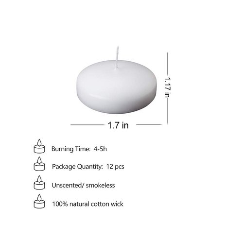 12Pcs Floating Candles for Centerpieces 4 Hours 1.7 Inch Burning White Unscented Classic Floating Candles for Weddings, Parties,Spa,House-Warming,Holiday and Home Decorations