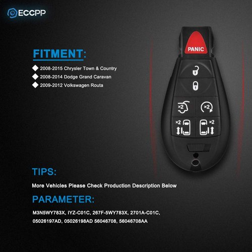ECCPP 7 Buttons Uncut 433MHz Keyless Entry Remote Key Fob Replacement for Dodge for Grand for Caravan for Chrysler Town & Country for VW Routa 05026198AD (Pack of 1)