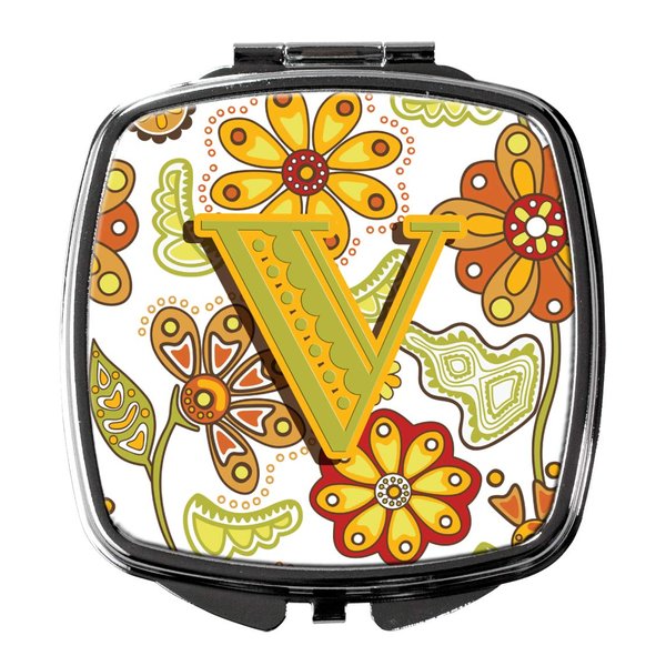 Caroline's Treasures CJ2003-VSCM Letter V Floral Mustard and Green Compact Mirror Decorative Travel Makeup Mirror for Women Girls Gifts Pocket Makeup Mirror Folding Handheld