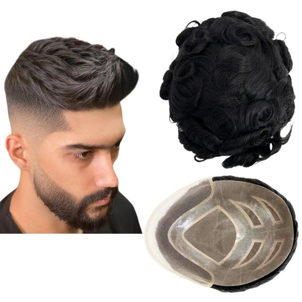 Toupee for Men Human Hair Wigs Mens Toupee European Virgin Human Hair Units Curly Wave Mens Wig Toupee Hair Real Human Replacement System for Man FPM Prosthesis Units Patch #1B Off Black (6x8")