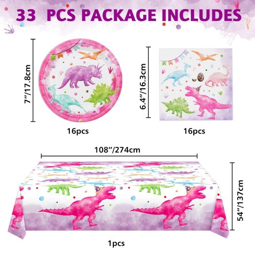 WERNNSAI Watercolor Dinosaur Party Supplies - Dinosaur Party Plates Napkins and Tablecloth for Girls Disposable Birthday Party Decorations Dessert Plates Napkins Tableware Serves 16 Guests 33 Pieces