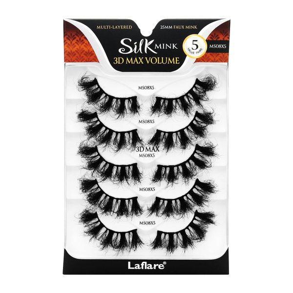 Laflare 25MM Silk Mink Max Volume 3D False Eyelashes, Reusable Fluffy Natural Looking False Lashes, Wispy Lashes 5 Pairs Value Pack (MS08X5P)