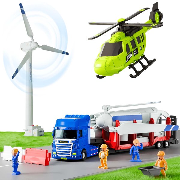 iPlay, iLearn Kids Truck Trailer Toys, Toddler Vehicle Playset W/Helicopter, Wind up Windmill, STEM Construction Engineer Learning Educational Cool Toy, Birthday Stocking Gift 3 4 5 6 7 Year Boy Girl