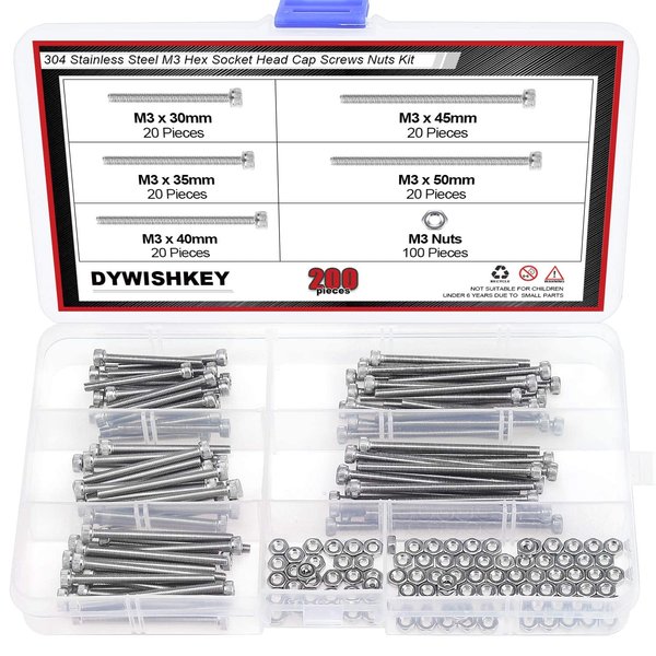 DYWISHKEY 200 Pieces M3 x 30mm/35mm/40mm/45mm/50mm Stainless Steel 304 Hex Socket Head Cap Bolts Screws and Nuts Kit