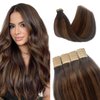Tape in Human Hair Extensions Ombre Highlights Tape in Hair Extensions Dark Brown and Chestnut Brown Balayage Real Human Hair Tape in Extensions for Women 16 Inch 50g 20pcs