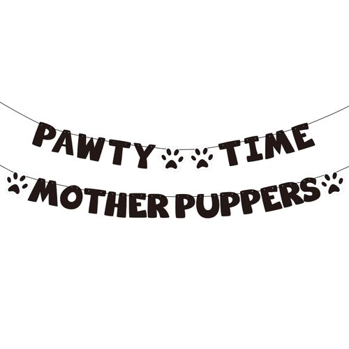 Pre-Strung Let's Pawty Dog Birthday Party Supplies - Pawty Time Mother Puppers - Funny Gold Glitter Puppy Dog Birthday Banner For Party Decorations Girl Boy - Cute Puppy Pets Paw Pennant Sign Deco (Black)