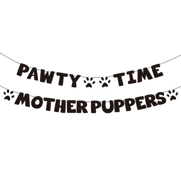 Pre-Strung Let's Pawty Dog Birthday Party Supplies - Pawty Time Mother Puppers - Funny Gold Glitter Puppy Dog Birthday Banner For Party Decorations Girl Boy - Cute Puppy Pets Paw Pennant Sign Deco (Black)