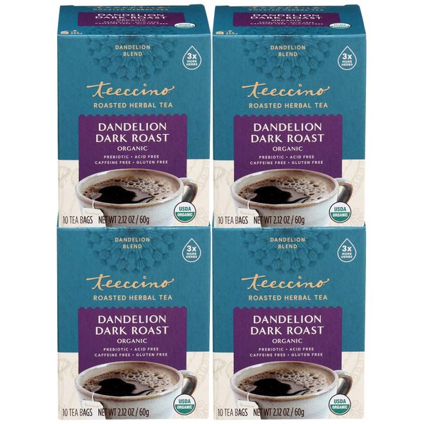 Teeccino Dandelion Root Tea - Dark Roast - Caffeine Free, Organic, Roasted Herbal Tea with Prebiotics, 3x More Herbs than Regular Tea Bags - Gluten-Free, Acid-Free Coffee Alternative - 10 Tea Bags (Pack of 4)