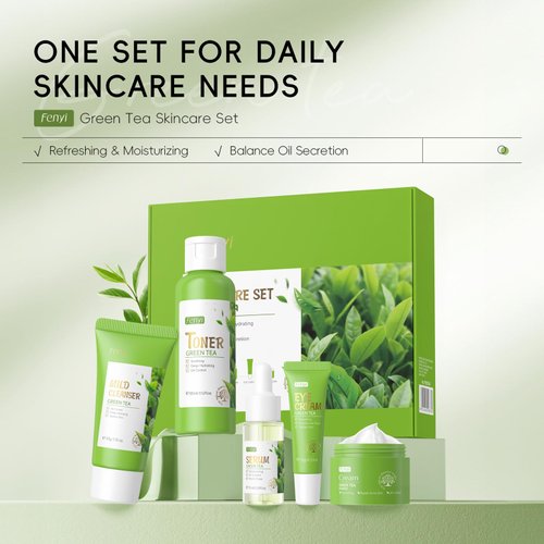 Green Tea Skincare Set, Skincare Gift Set 5PCS, Face Cleanser, Toner, Face Serum, Face Cream, Eye Cream, Natural Extract, Hydrating, All Skin Types