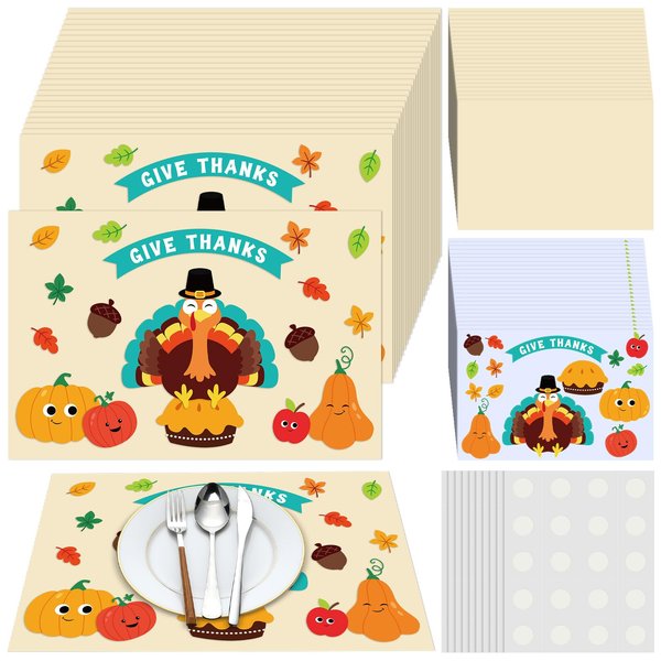 Gandeer 24 Sets Jumbo Thanksgiving Placemats Craft Kit for Kids 16.5 x 11 Inch DIY Harvest Turkey Placemat Give Thanks Craft Fall Decorative Paper Table Mats for Home Activities Holiday Party Supplies