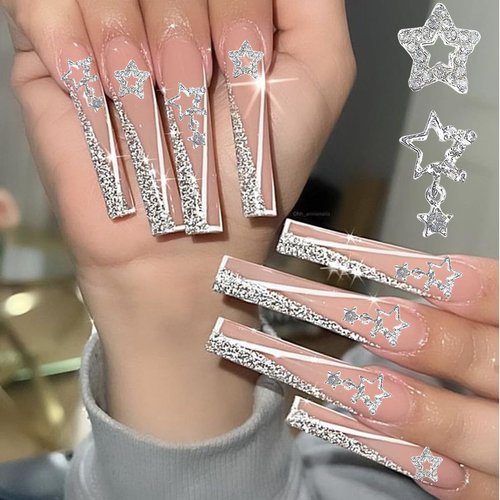 20 Pcs Star Nail Charms for Acrylic Nails, 3D Silver Stars Nail Rhinestones Nail Gems Jewels Pentagram, Shiny Crystal Star Nail Art Charms, 3D Nail Art Supplies, Nail Gems for Nails Designs