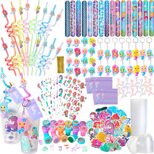 Qilery 195 Pcs Mermaid Party Unicorn Party Dinosaur Party Shark Party Favors Includes Plastic Cup with Lid Straw Keychain Bracelet Ring Stamper Stickers Tag For Party Favors Piñata Filling (Mermaid)