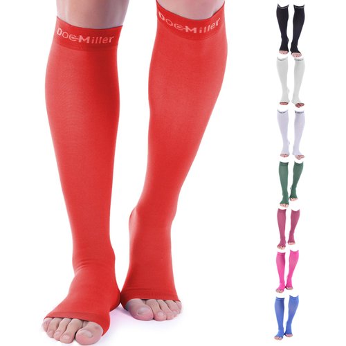Doc Miller Open Toe Compression Socks for Men and Women, 15-20 mmHg, Calf Recovery, Medical Grade, Red Socks, Small