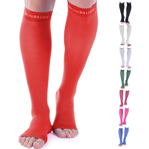 Doc Miller Open Toe Compression Socks for Men and Women, 15-20 mmHg, Calf Recovery, Medical Grade, Red Socks, Small