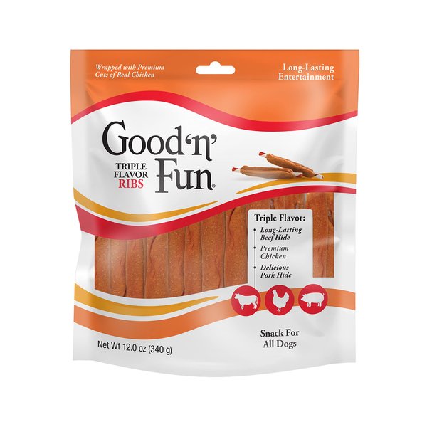 Good ’n’ Fun Triple Flavor Ribs, Rawhide Snack for All Dogs, 12 oz